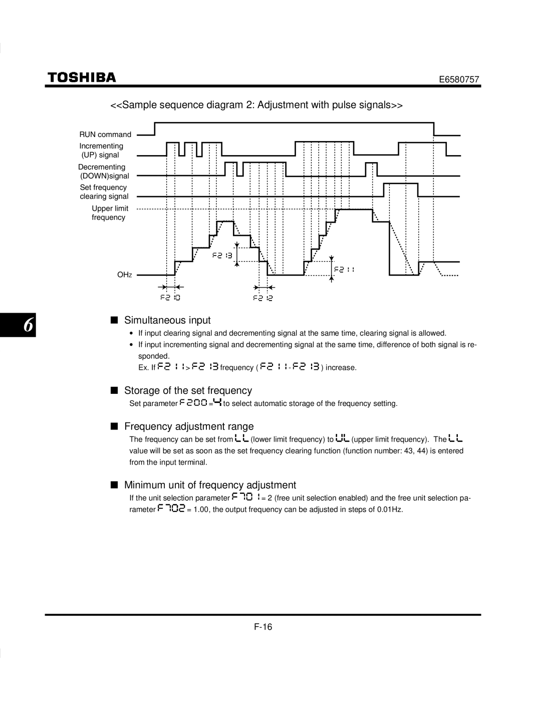 Toshiba VF-S9 Sample sequence diagram 2 Adjustment with pulse signals, Simultaneous input, Storage of the set frequency 