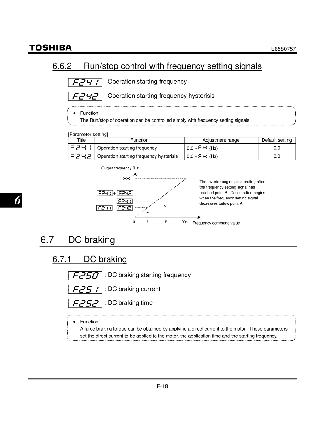 Toshiba VF-S9 manual DC braking, 2 Run/stop control with frequency setting signals 