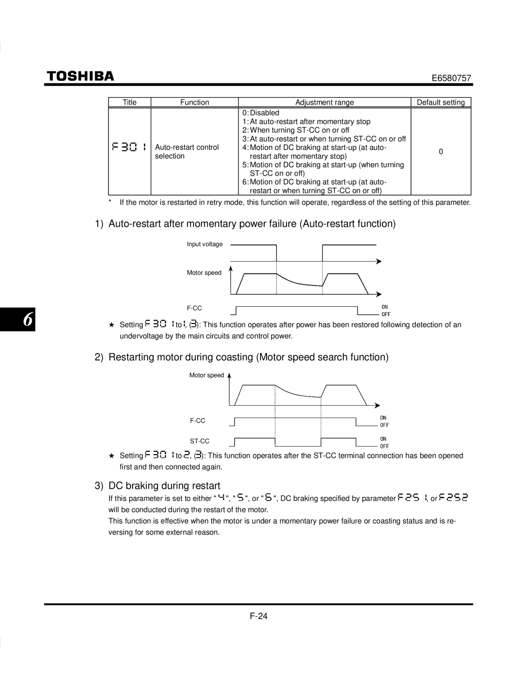 Toshiba VF-S9 manual Restarting motor during coasting Motor speed search function, DC braking during restart 