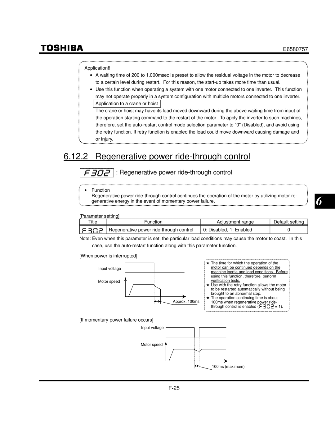 Toshiba VF-S9 manual Regenerative power ride-through control, Application, If momentary power failure occurs 