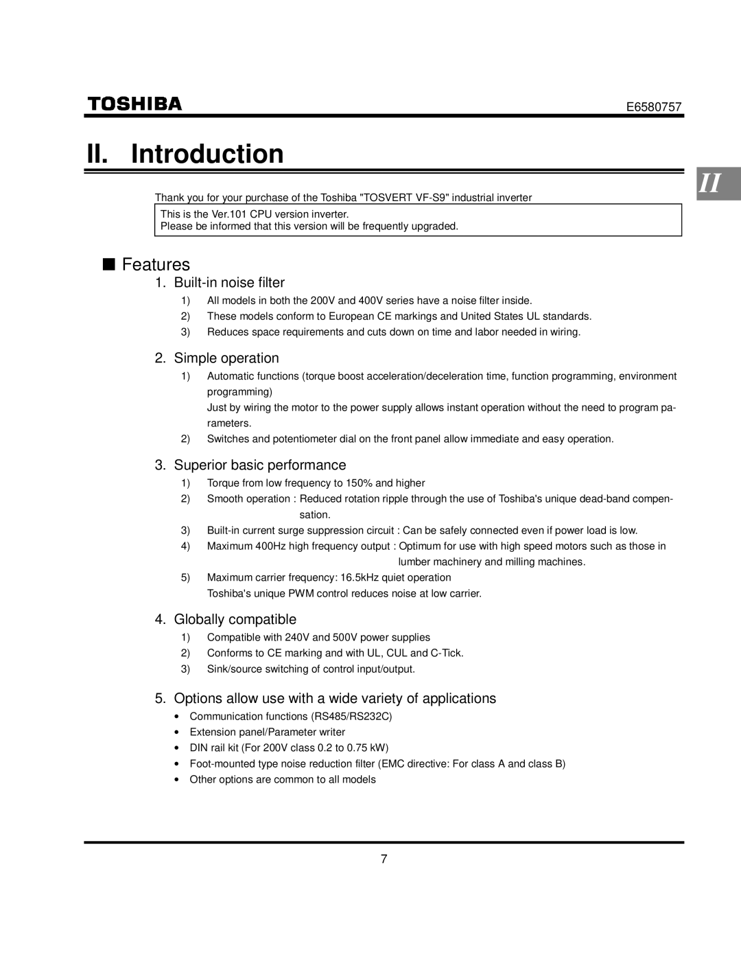 Toshiba VF-S9 manual II. Introduction, Features 