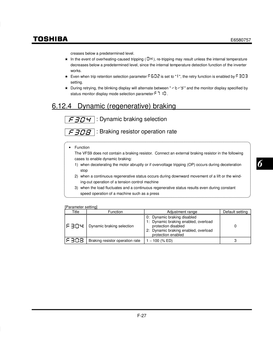 Toshiba VF-S9 manual Dynamic regenerative braking, Dynamic braking selection Braking resistor operation rate 