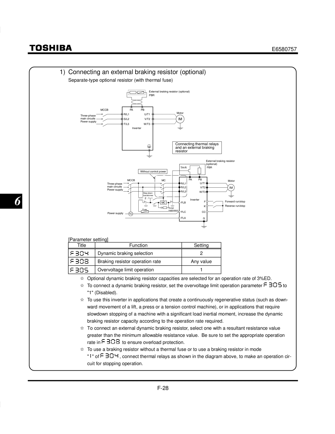 Toshiba VF-S9 manual Connecting an external braking resistor optional, Separate-type optional resistor with thermal fuse 