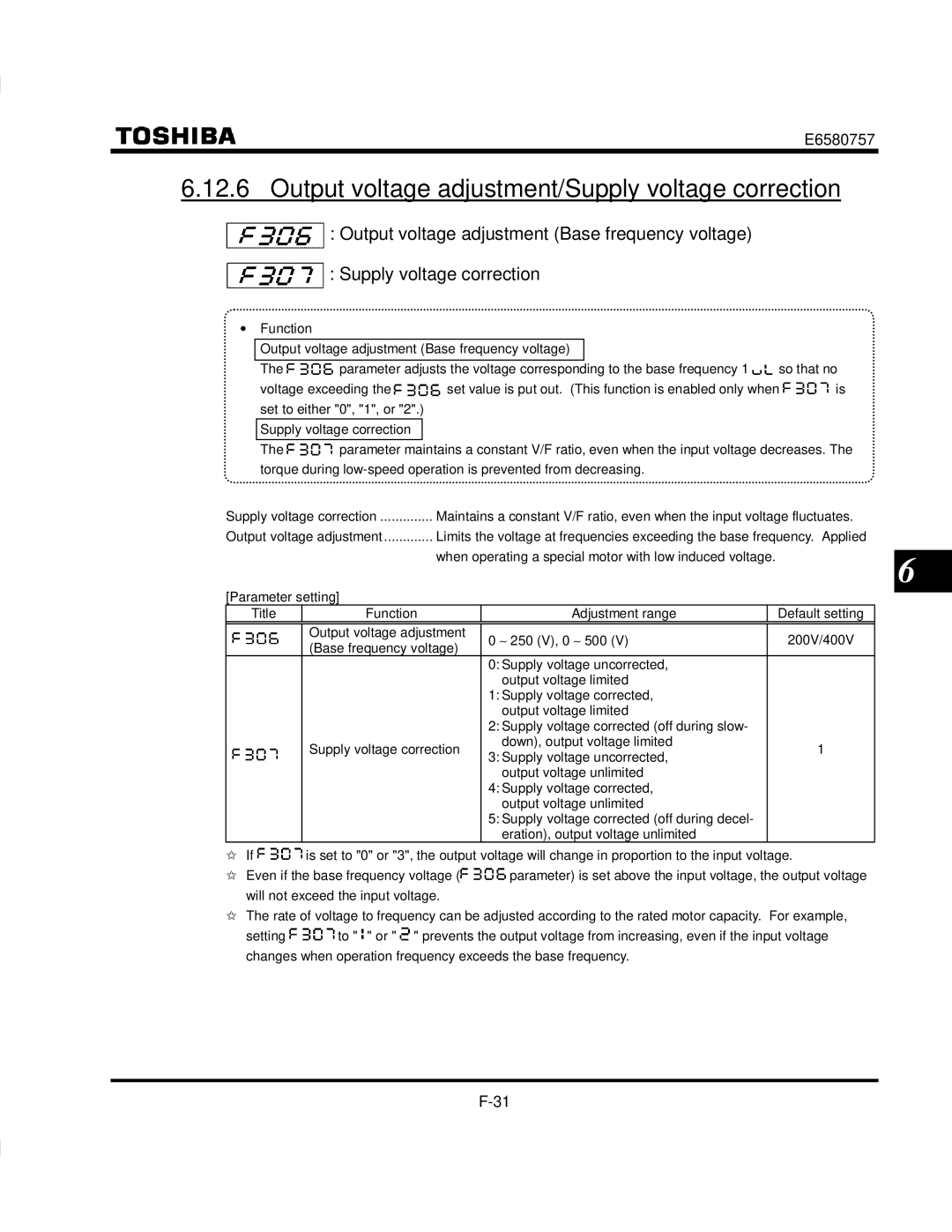 Toshiba VF-S9 manual Output voltage adjustment/Supply voltage correction, To the base frequency So that no 