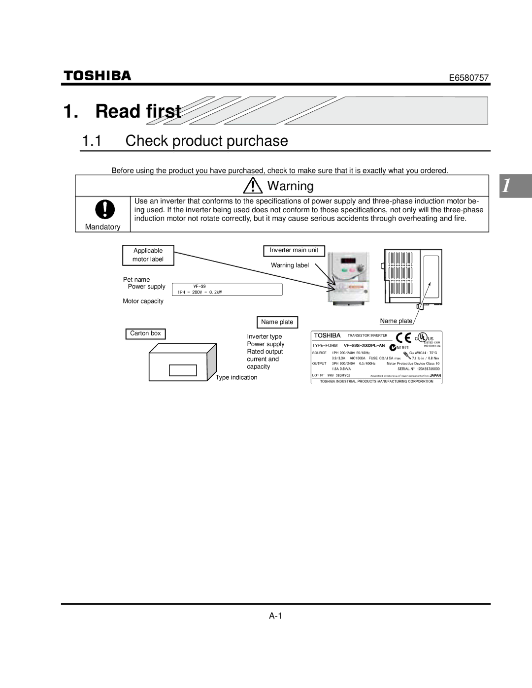 Toshiba VF-S9 manual Read first, Check product purchase, Mandatory 