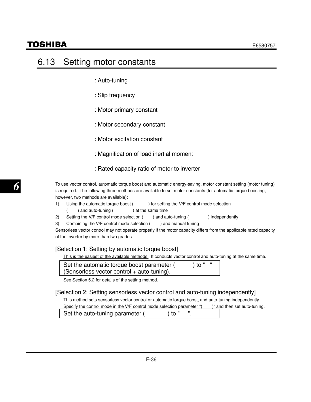 Toshiba VF-S9 Setting motor constants, Selection 1 Setting by automatic torque boost, Set the auto-tuning parameter to 