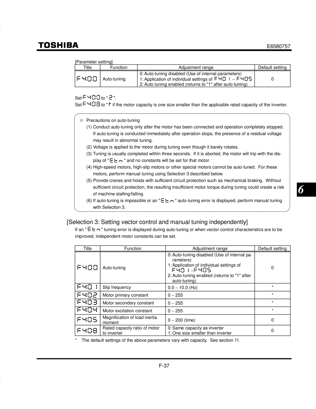 Toshiba VF-S9 Parameter setting Title Function Adjustment range, Rameters Auto-tuning Application of individual settings 