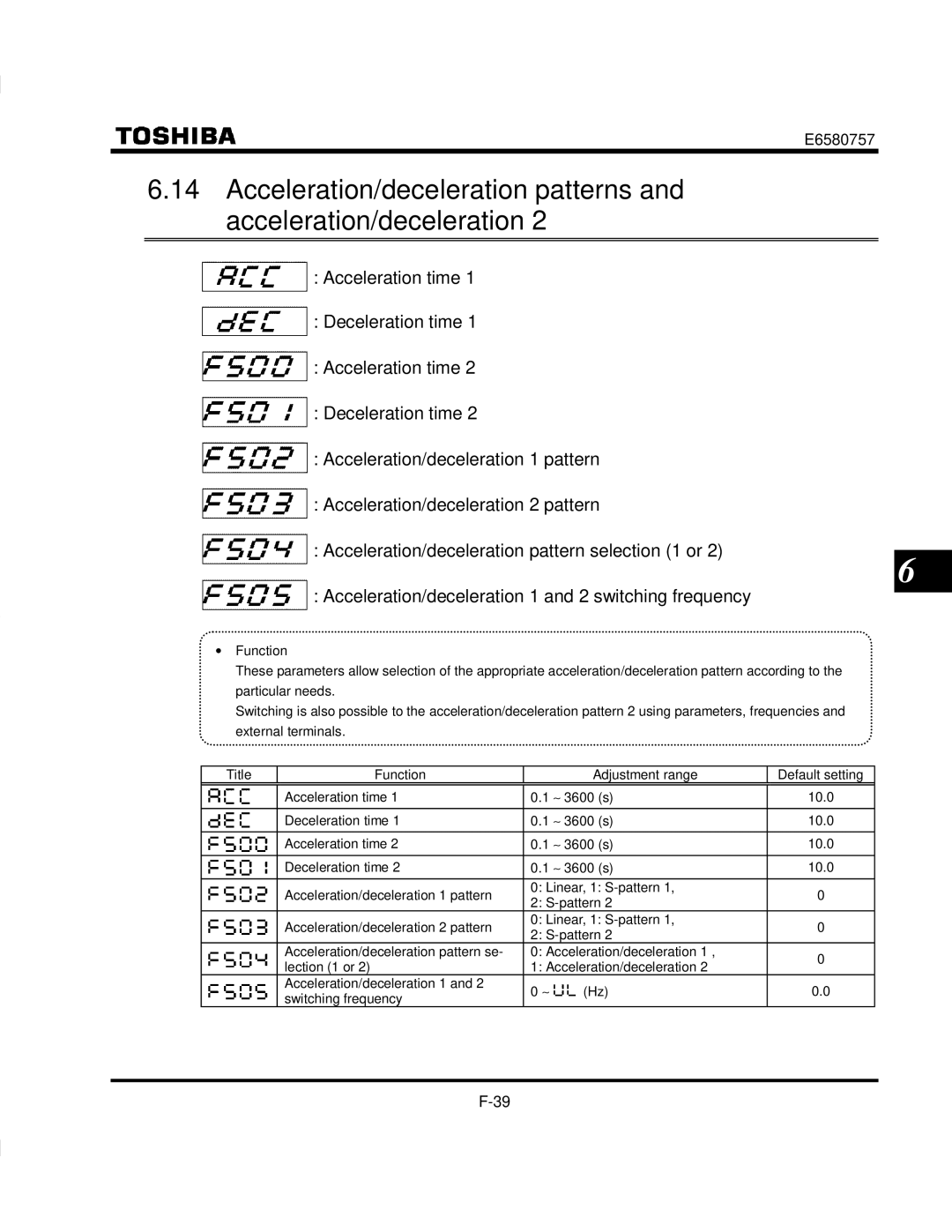 Toshiba VF-S9 manual Deceleration time 3600 s, Acceleration time 3600 s 