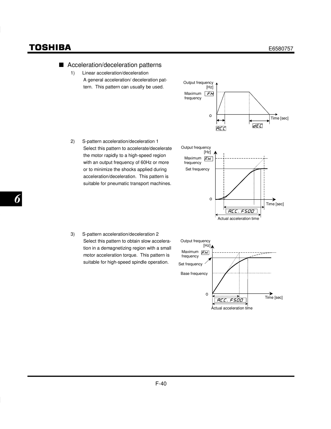 Toshiba VF-S9 manual Acceleration/deceleration patterns, Linear acceleration/deceleration 