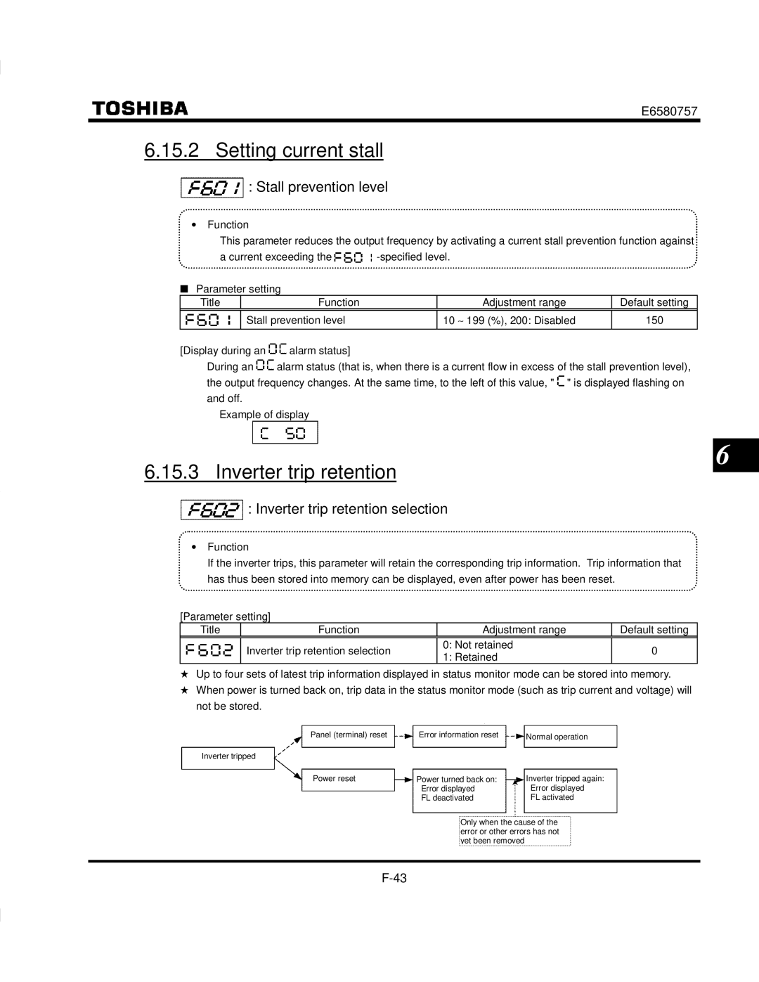 Toshiba VF-S9 manual Setting current stall, Stall prevention level, Inverter trip retention selection 