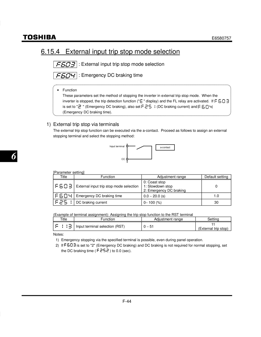 Toshiba VF-S9 manual External input trip stop mode selection, External trip stop via terminals, Emergency DC braking time 