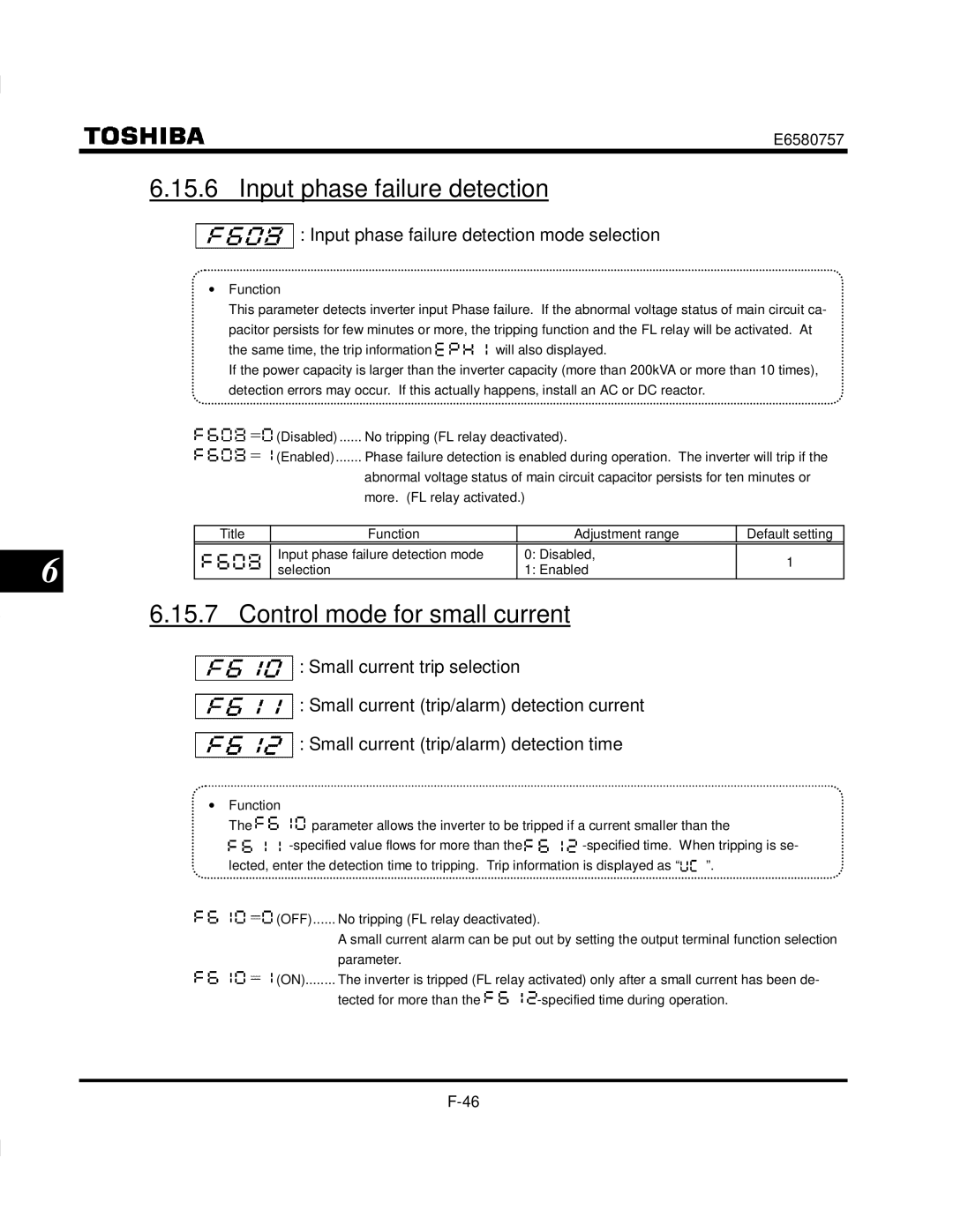 Toshiba VF-S9 manual Control mode for small current, Input phase failure detection mode selection 