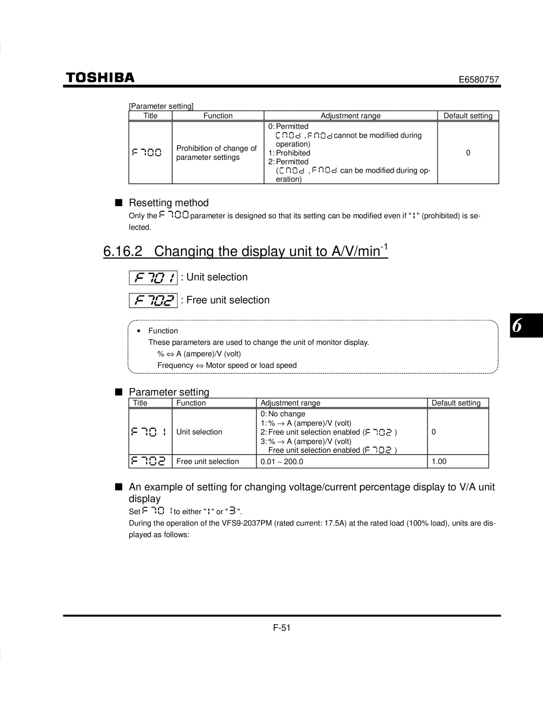 Toshiba VF-S9 manual Changing the display unit to A/V/min-1, Resetting method, Unit selection, Free unit selection 