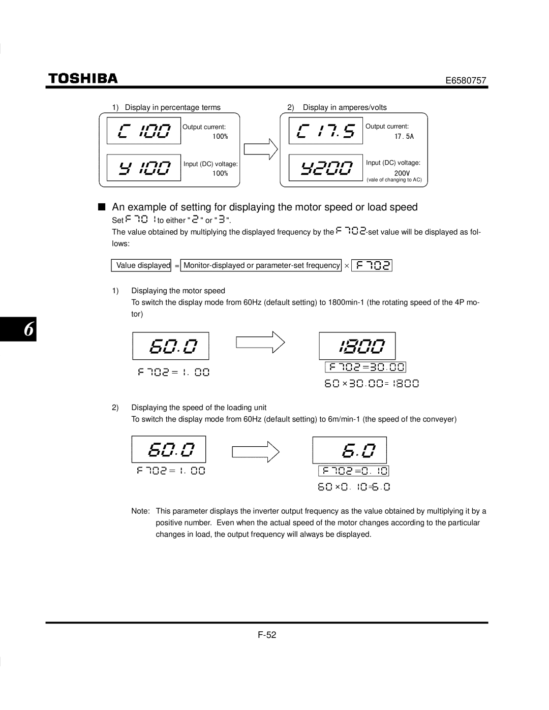 Toshiba VF-S9 manual Display in percentage terms Display in amperes/volts 