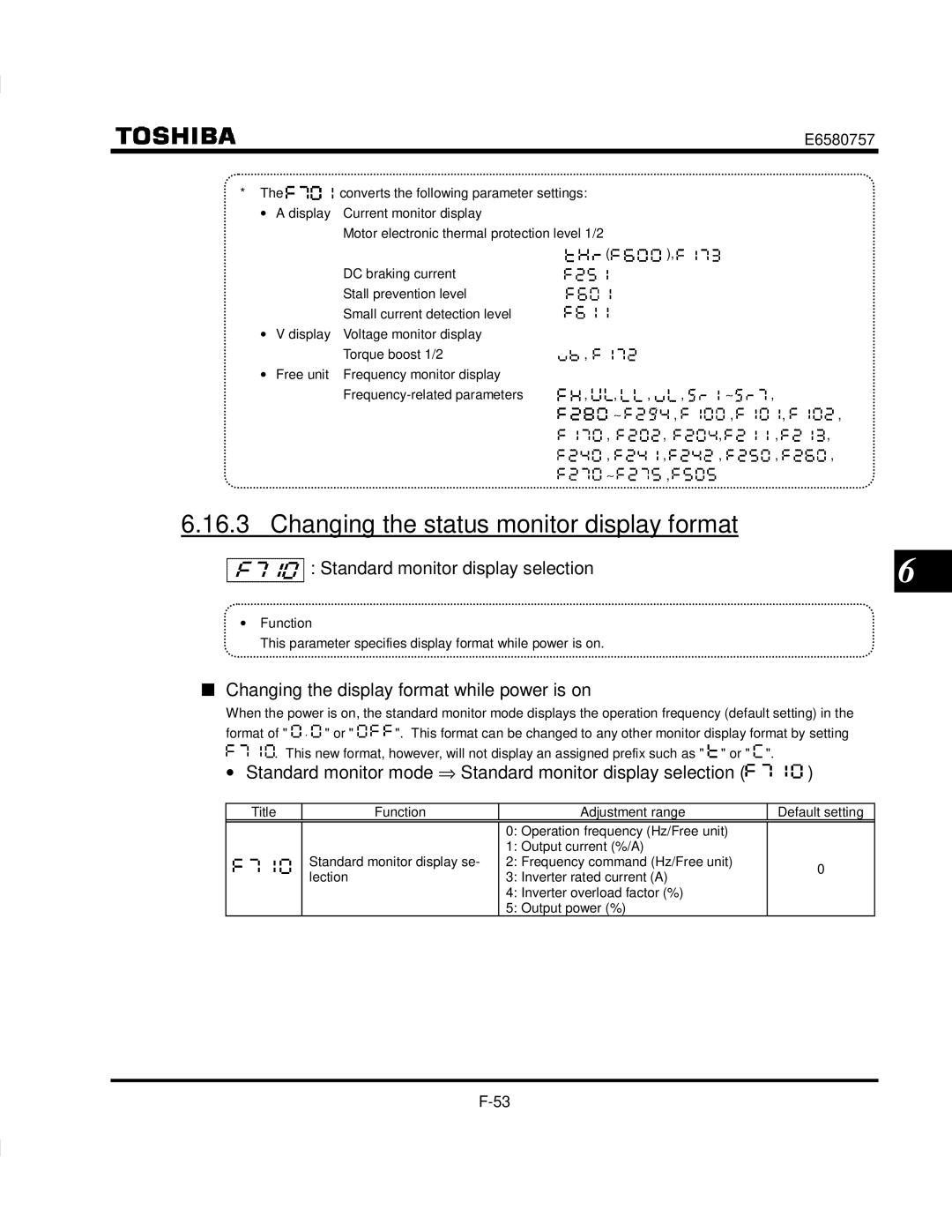 Toshiba VF-S9 manual Changing the status monitor display format, Standard monitor display selection 