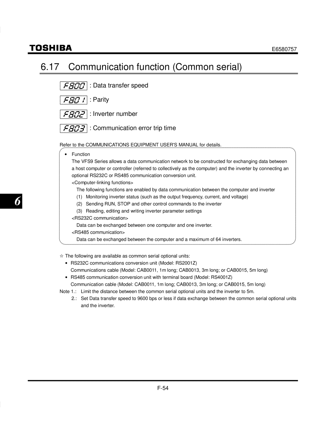 Toshiba VF-S9 manual Communication function Common serial 