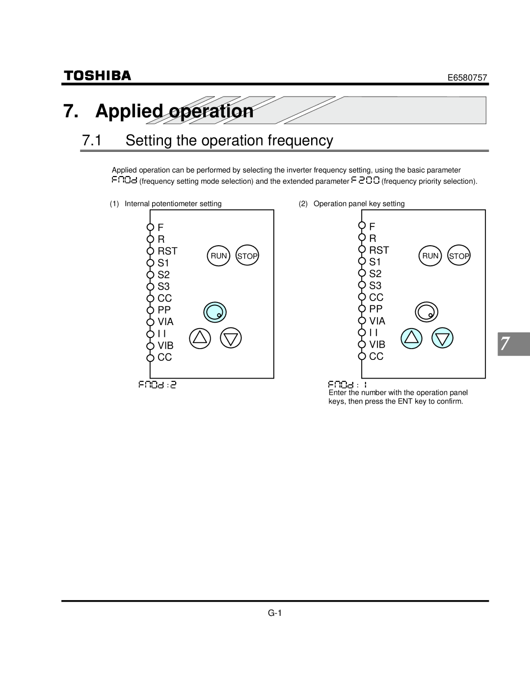 Toshiba VF-S9 manual Applied operation, Setting the operation frequency, Operation panel key setting 