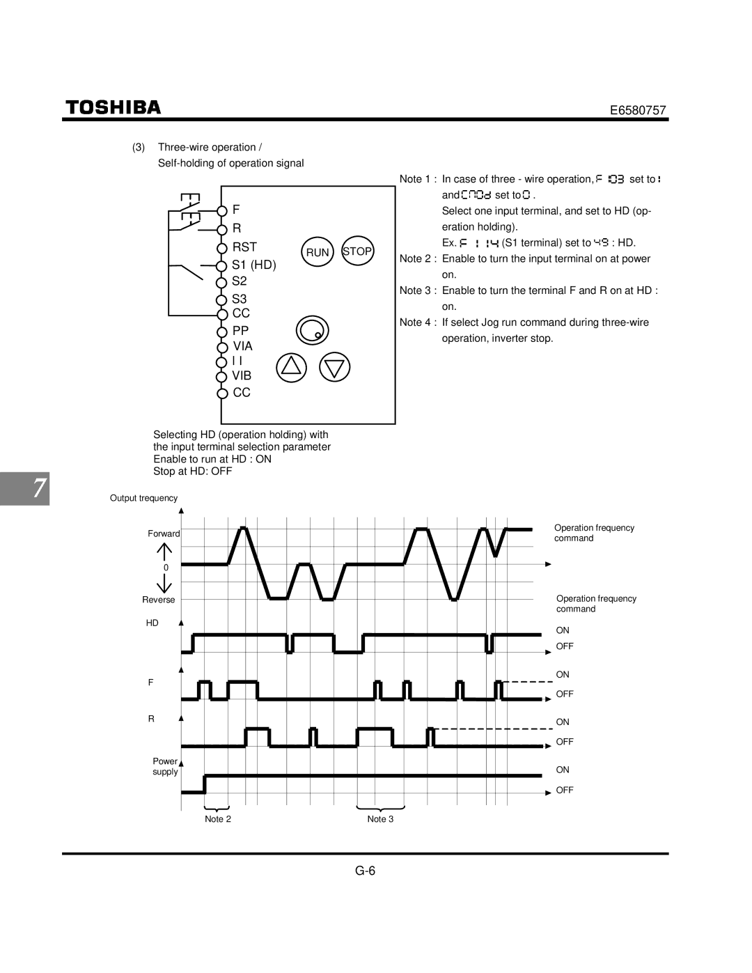 Toshiba VF-S9 manual Case of three wire operation Set to, Eration holding S1 terminal set to, Operation, inverter stop 