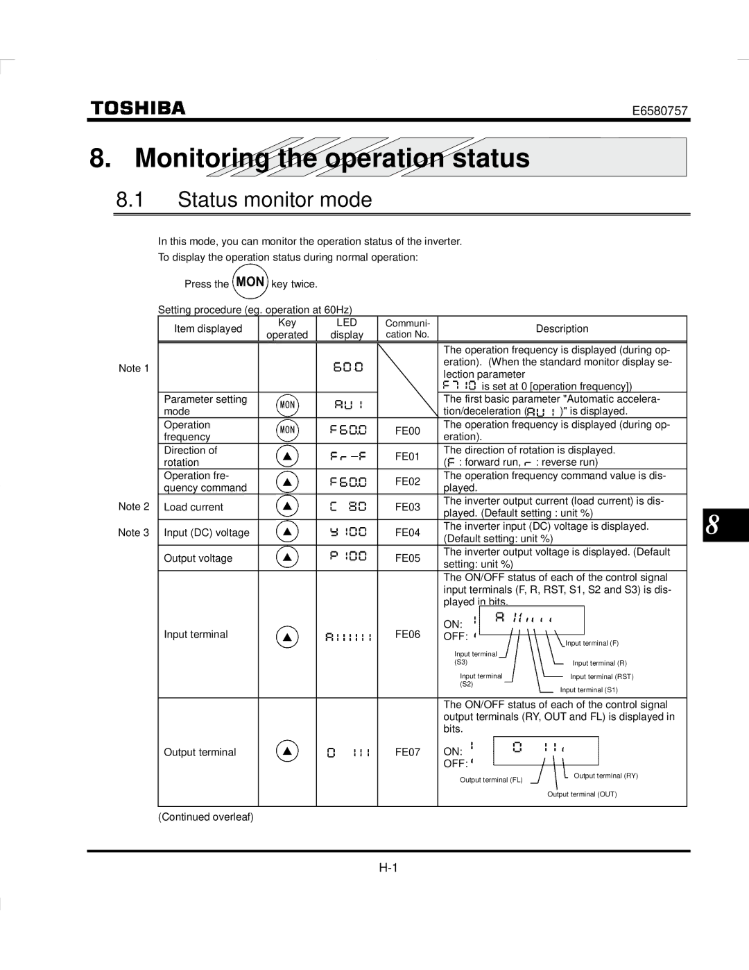 Toshiba VF-S9 manual Off 