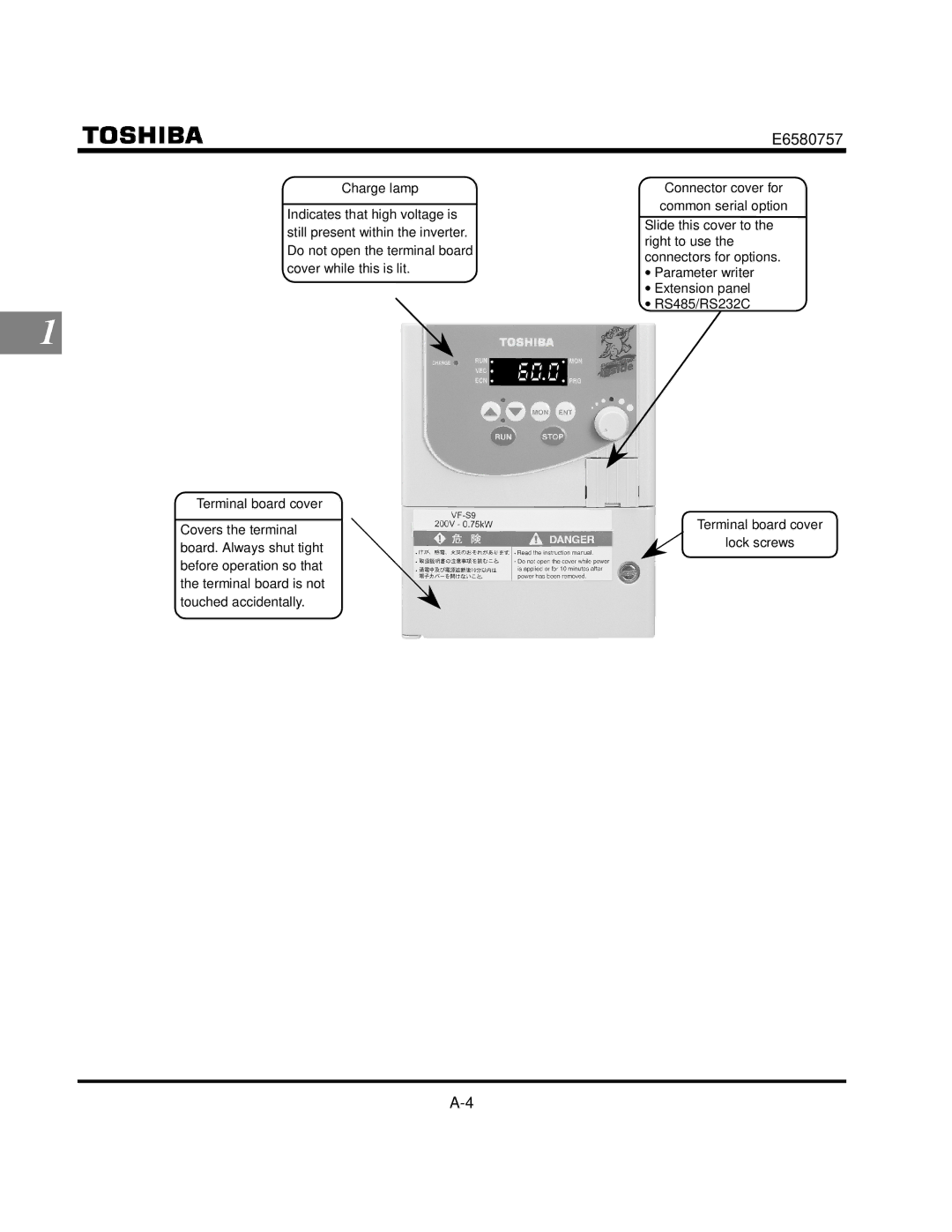 Toshiba VF-S9 manual Charge lamp, Terminal board cover 