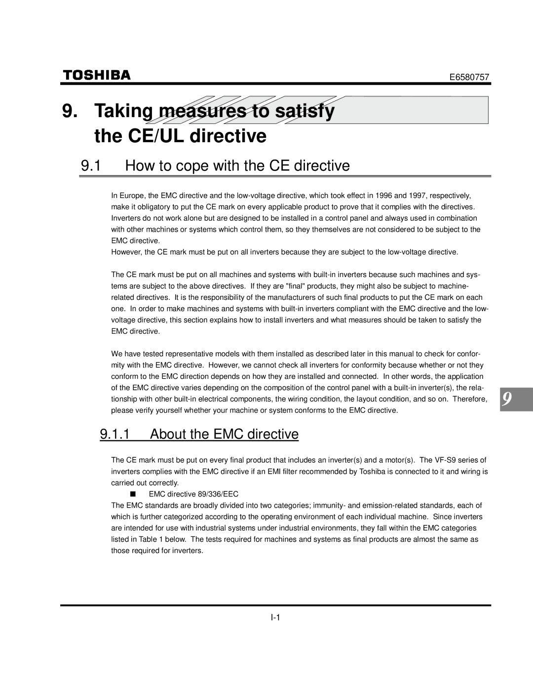 Toshiba VF-S9 Taking measures to satisfy the CE/UL directive, How to cope with the CE directive, About the EMC directive 