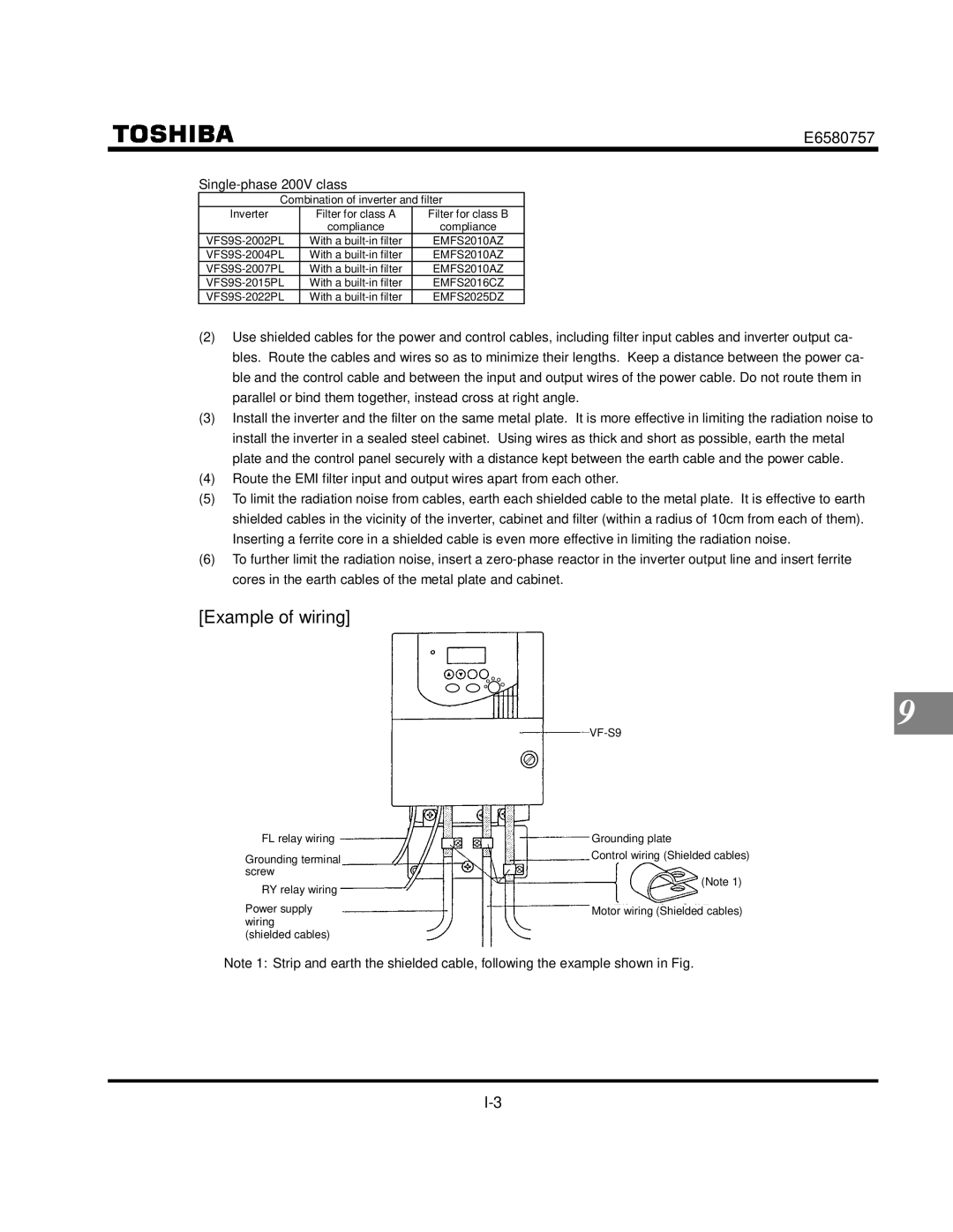 Toshiba VF-S9 manual Example of wiring, Single-phase 200V class 