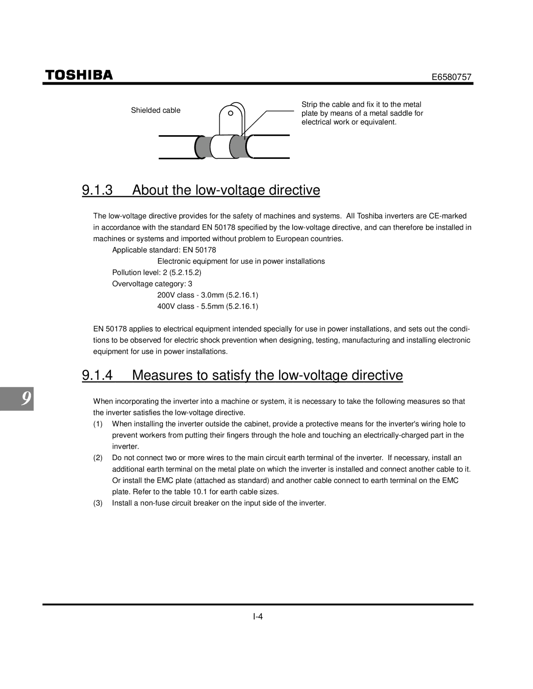 Toshiba VF-S9 manual About the low-voltage directive, Measures to satisfy the low-voltage directive 