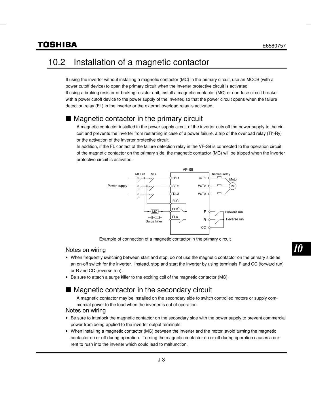 Toshiba VF-S9 manual Installation of a magnetic contactor, Magnetic contactor in the primary circuit 