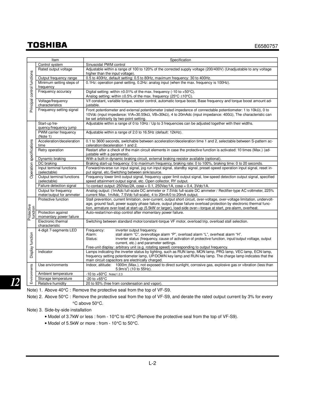 Toshiba VF-S9 manual Specification 