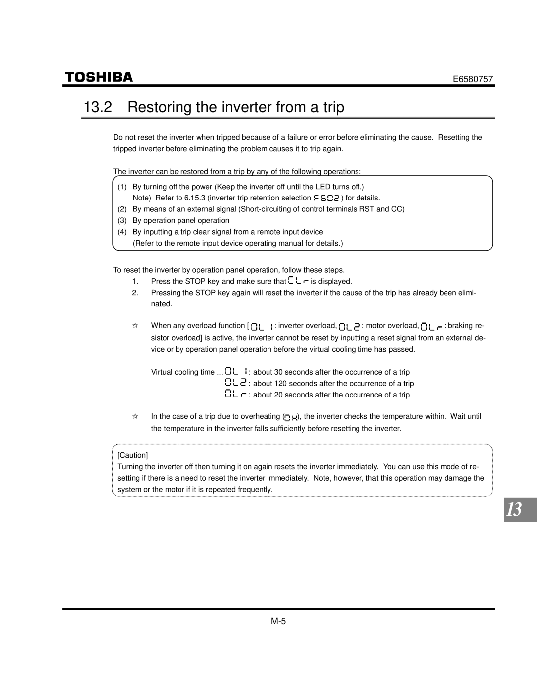 Toshiba VF-S9 manual Restoring the inverter from a trip 