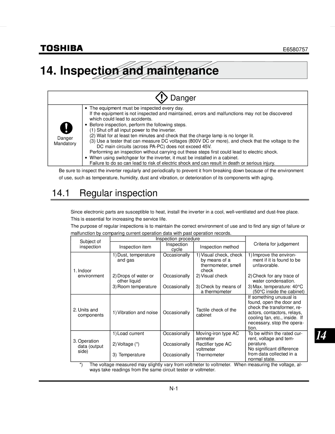 Toshiba VF-S9 manual Inspection and maintenance, Regular inspection 