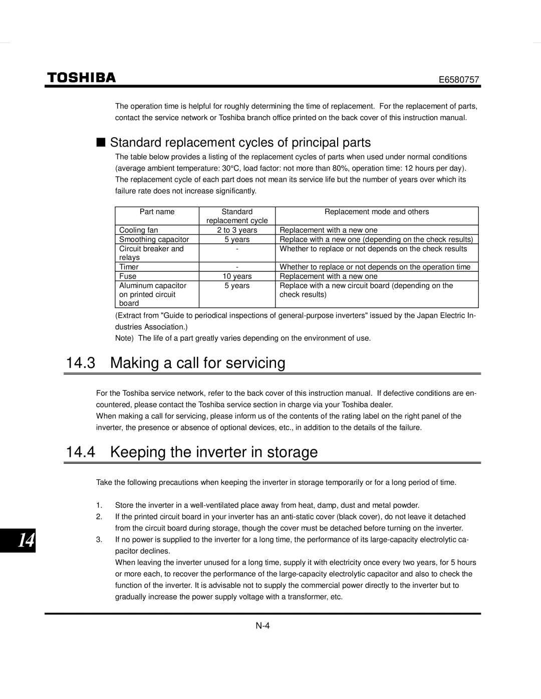Toshiba VF-S9 Making a call for servicing, Keeping the inverter in storage, Standard replacement cycles of principal parts 