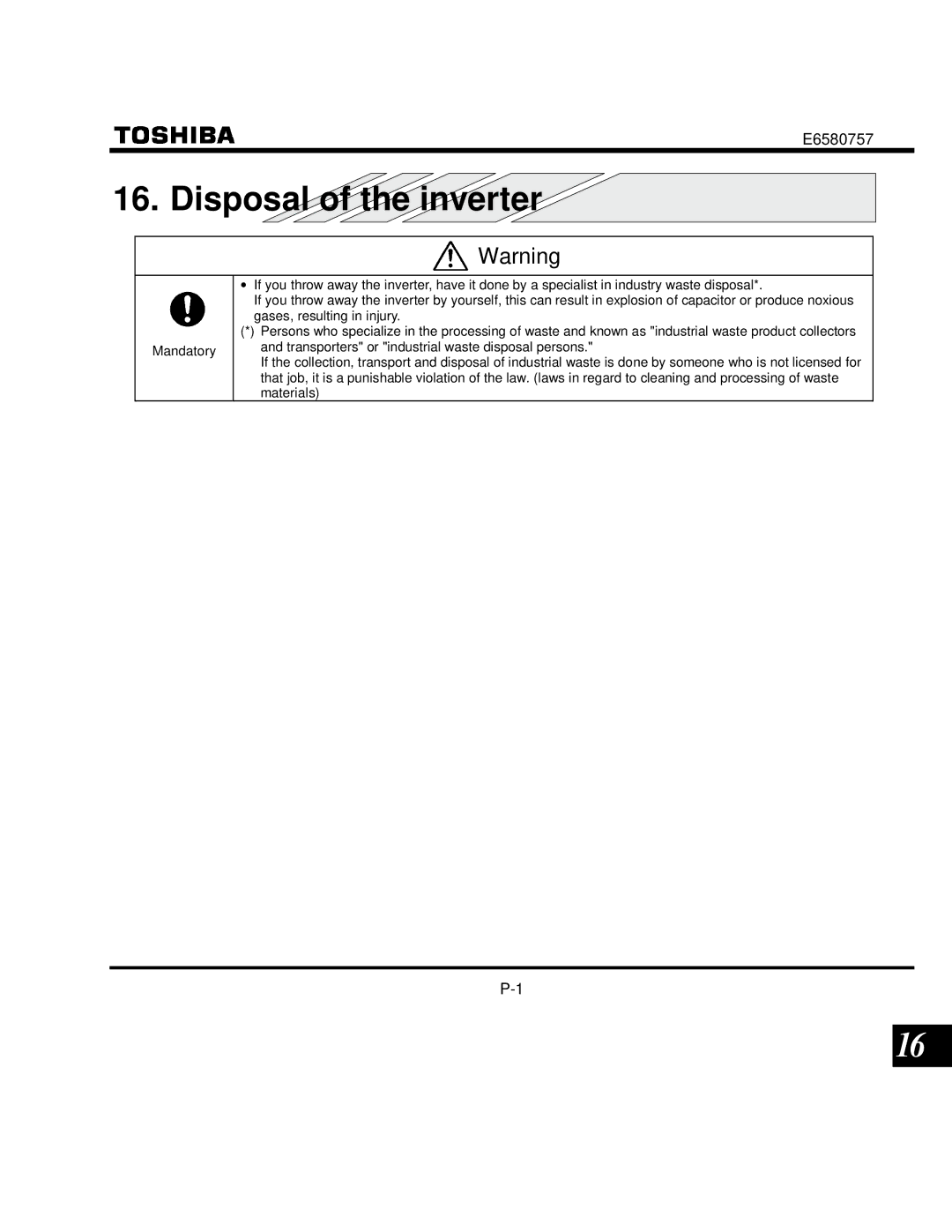 Toshiba VF-S9 manual Disposal of the inverter 