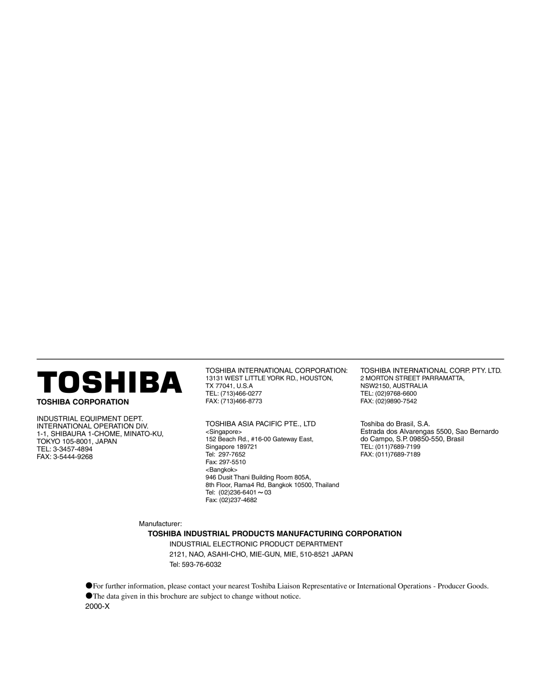 Toshiba VF-S9 manual Toshiba Corporation 