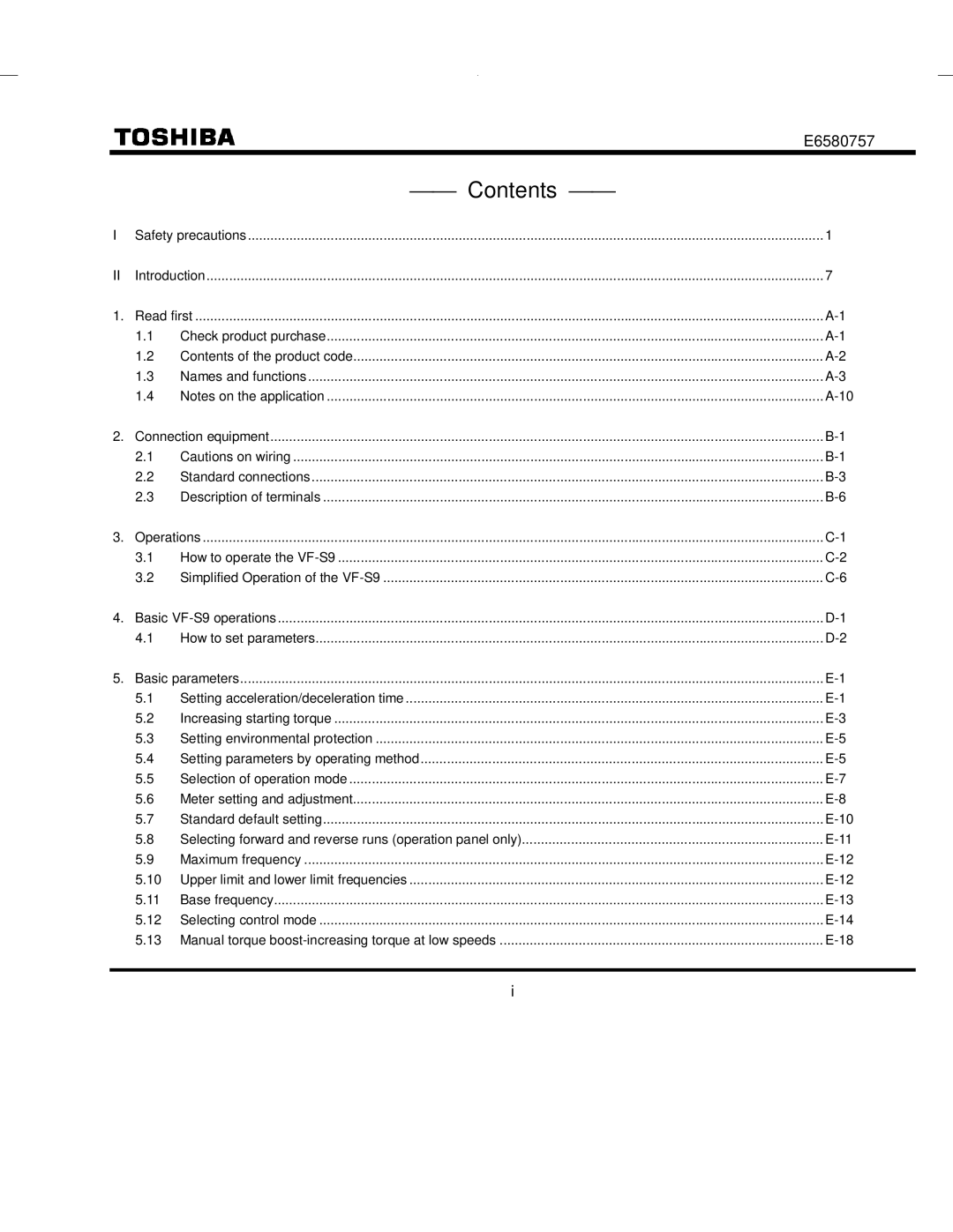 Toshiba VF-S9 manual Contents 