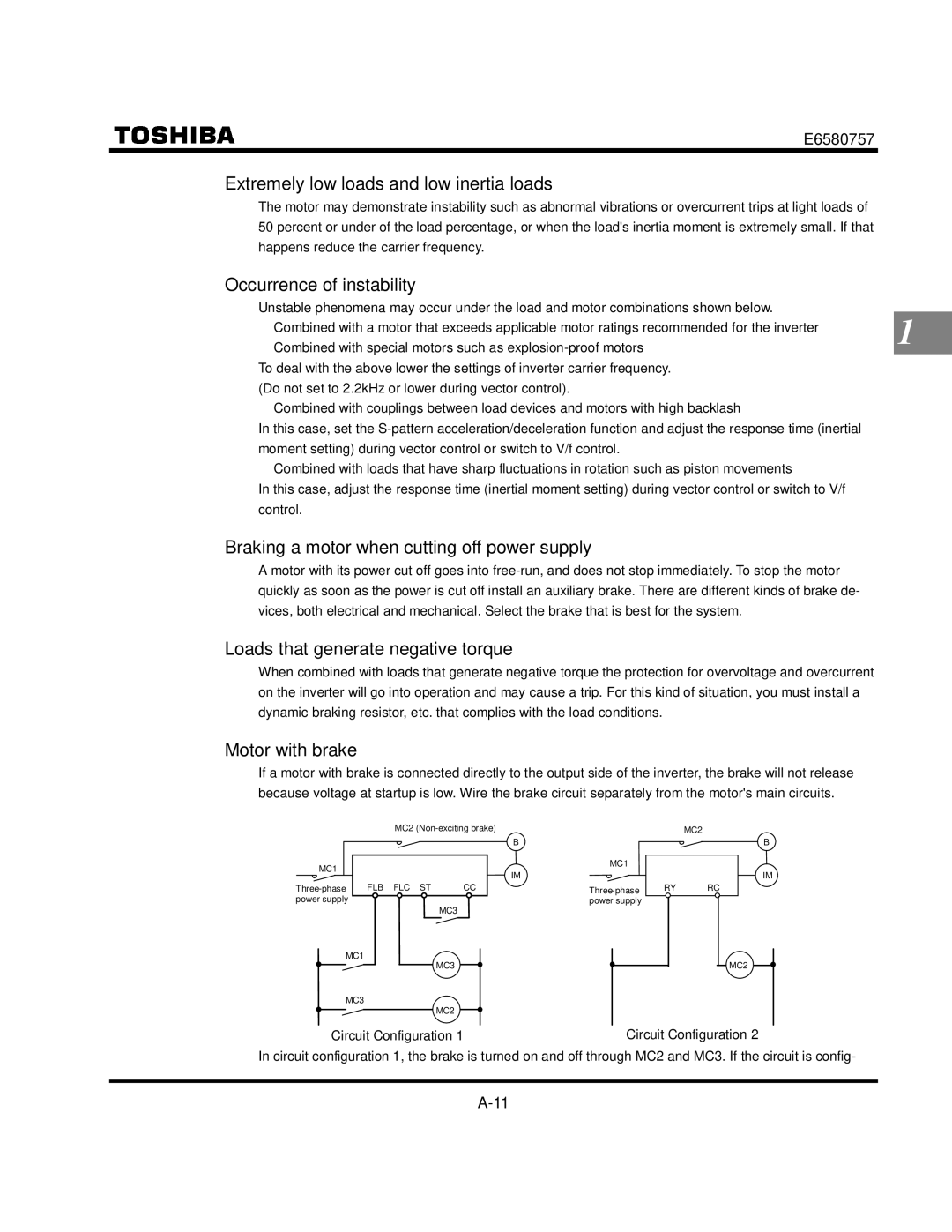 Toshiba VF-S9 Extremely low loads and low inertia loads, Occurrence of instability, Loads that generate negative torque 