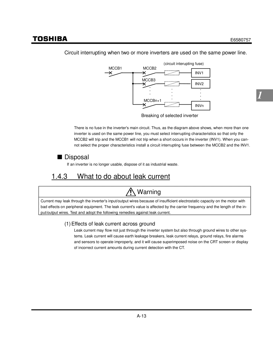 Toshiba VF-S9 What to do about leak current, Effects of leak current across ground, Circuit interupting fuse, MCCBn+1 INVn 