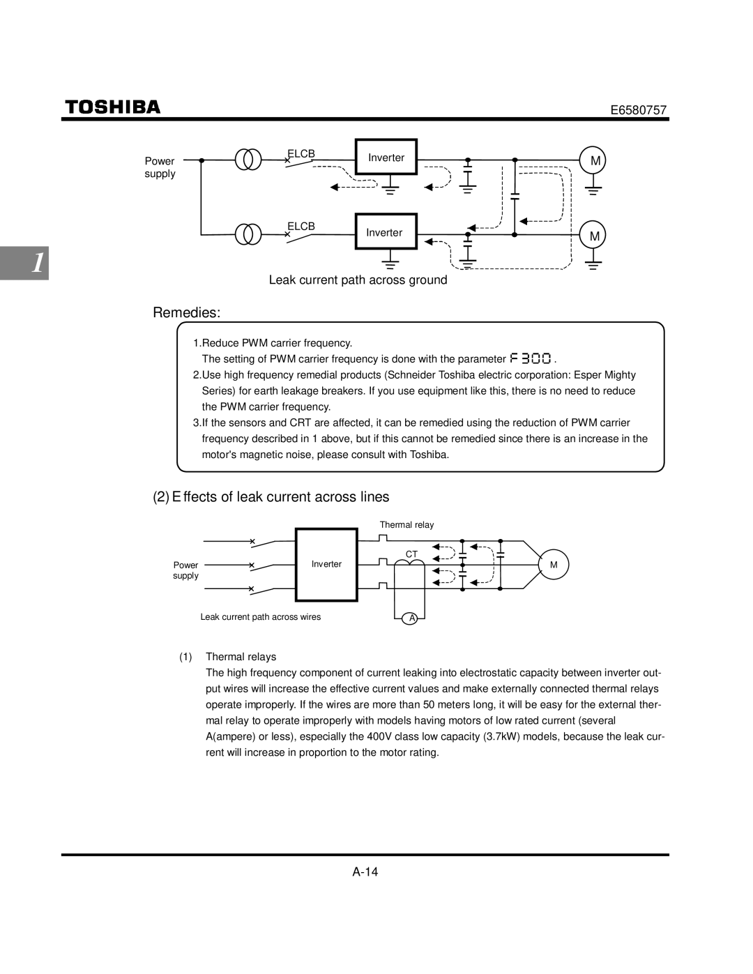 Toshiba VF-S9 manual Remedies, Ffects of leak current across lines, Power, Supply 