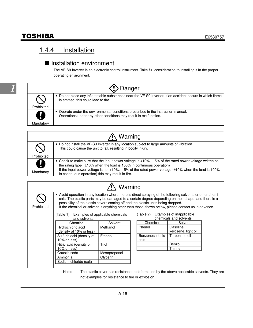 Toshiba VF-S9 manual Installation environment, Continuous operation this may result in fire 