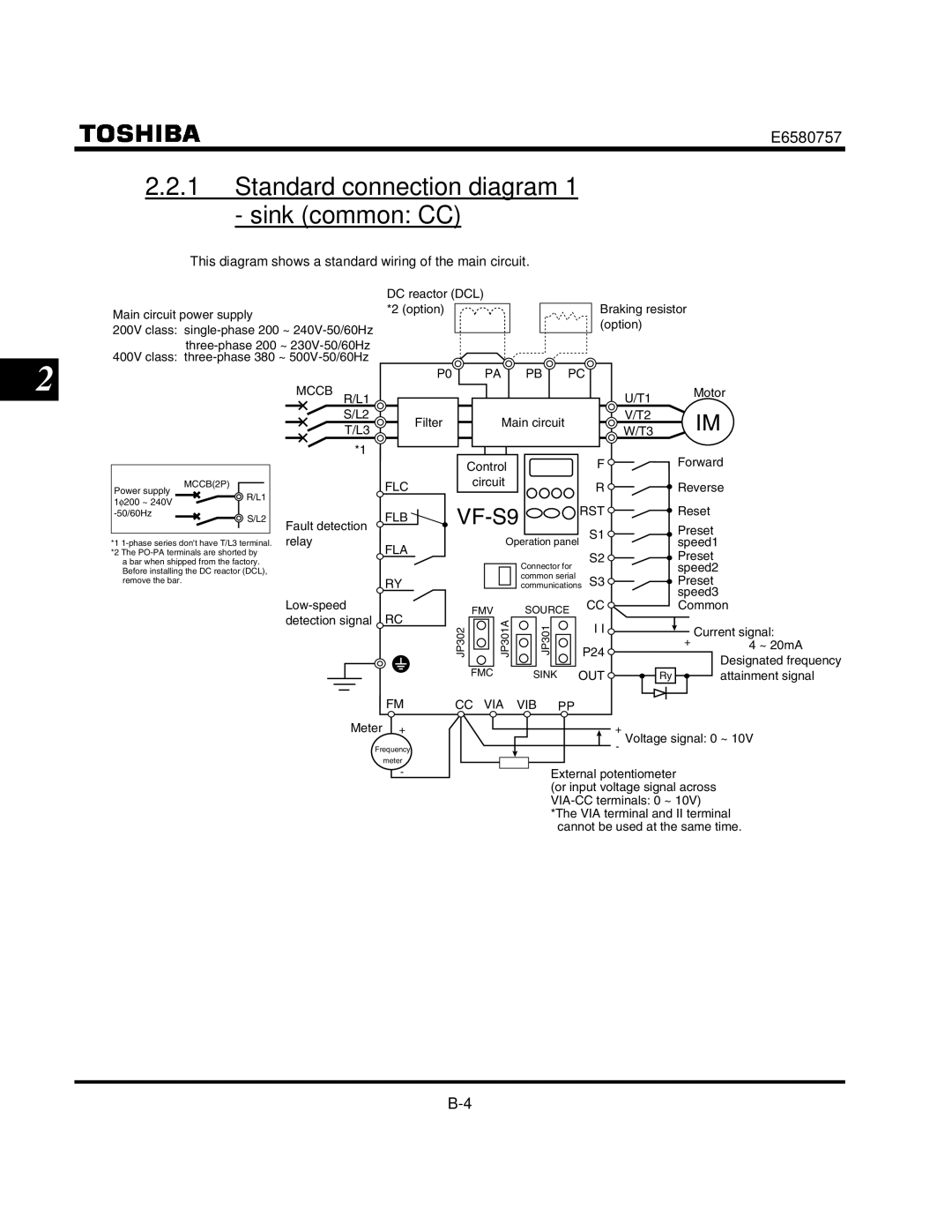 Toshiba VF-S9 manual Standard connection diagram 1 sink common CC, This diagram shows a standard wiring of the main circuit 