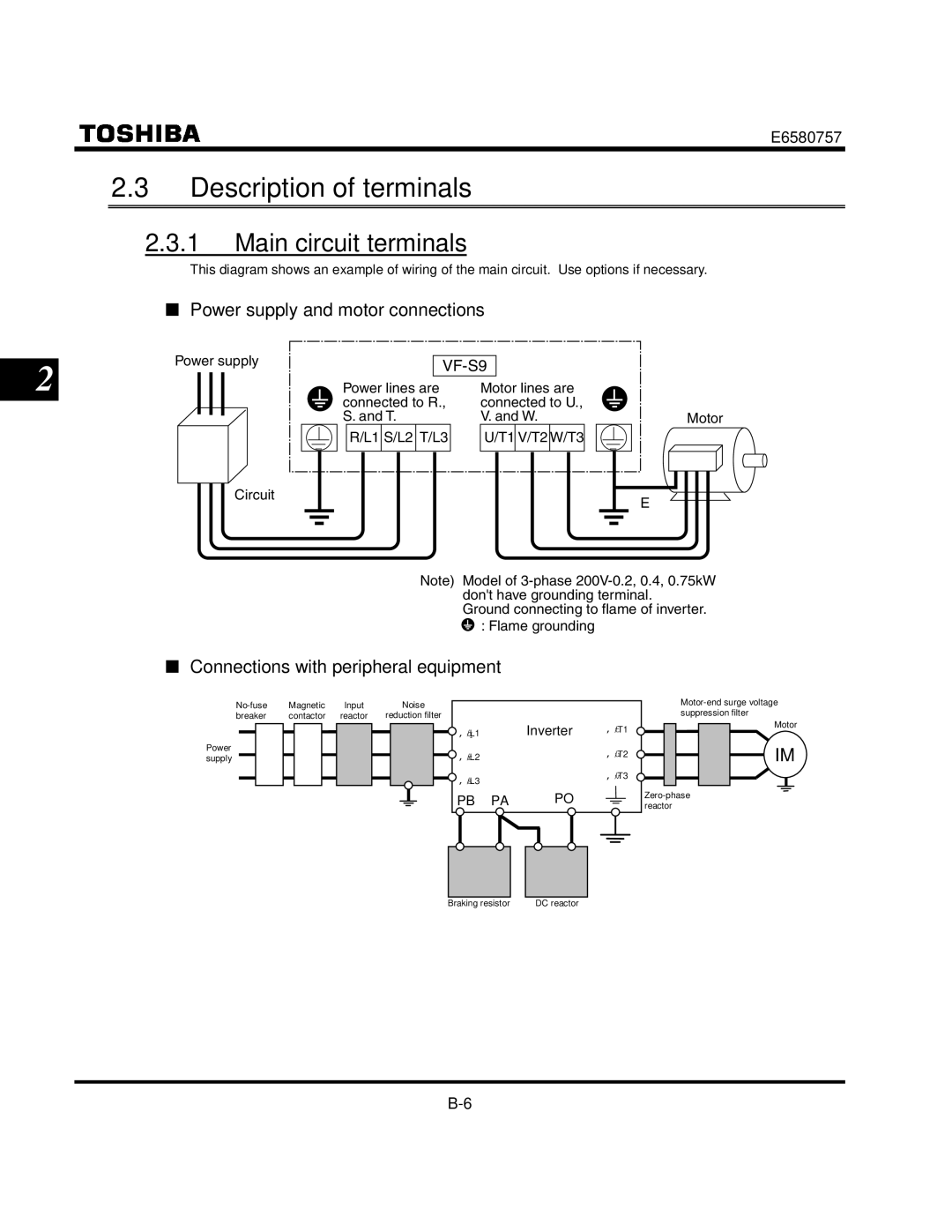 Toshiba VF-S9 manual Description of terminals, Main circuit terminals, Power supply and motor connections 