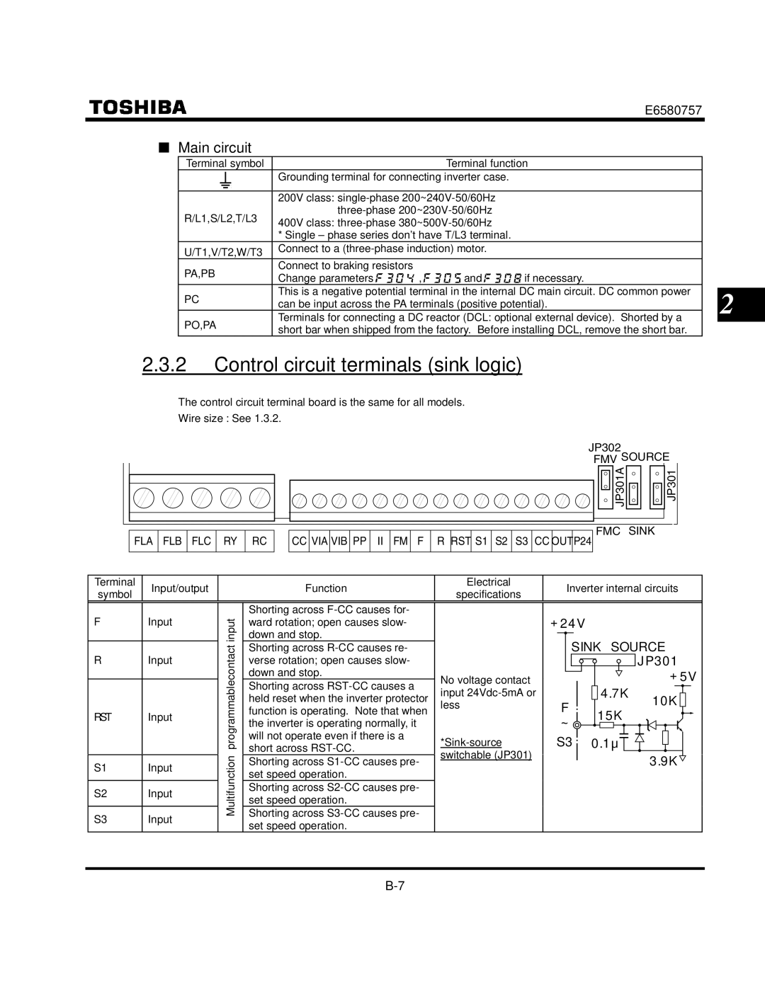 Toshiba VF-S9 manual Control circuit terminals sink logic, Main circuit 