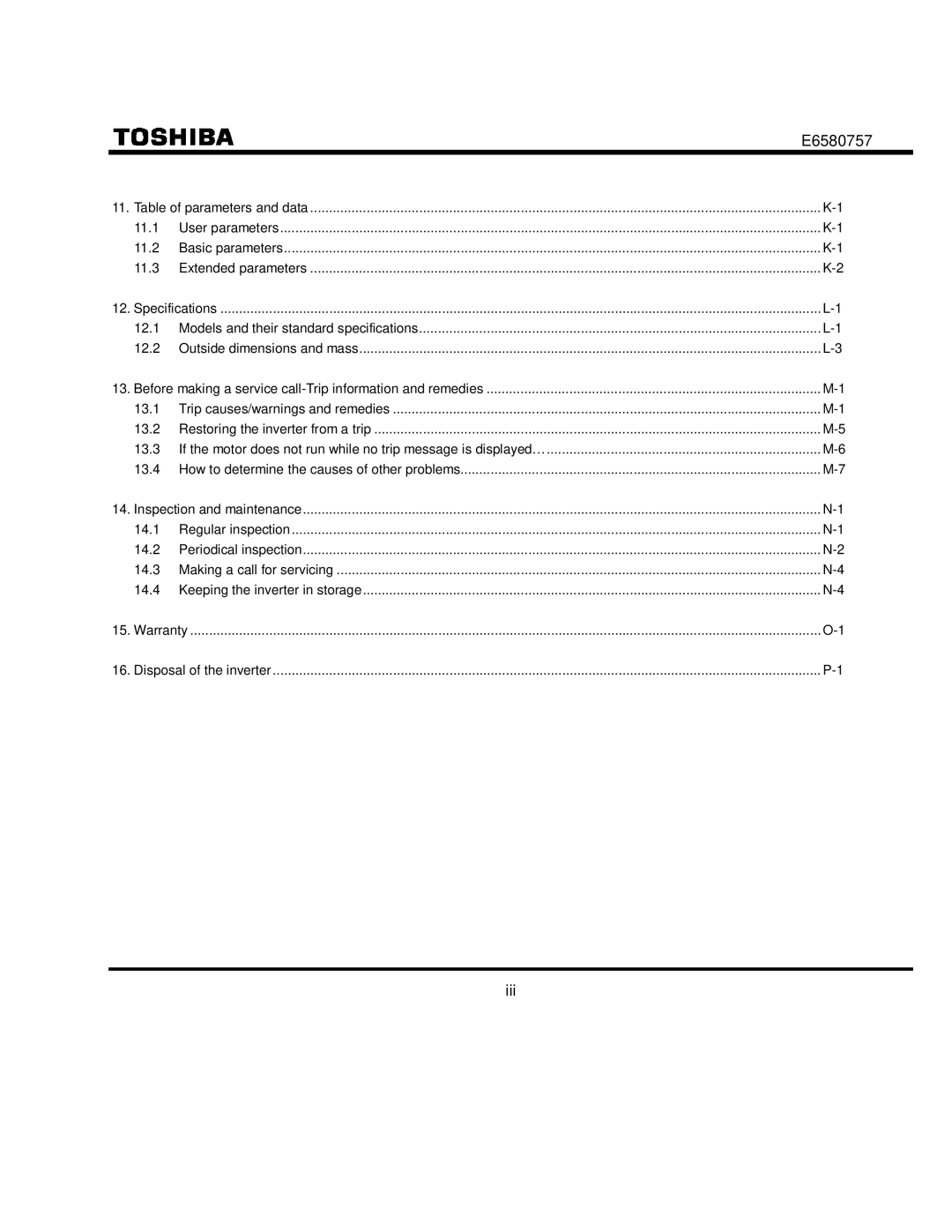 Toshiba VF-S9 manual Iii 