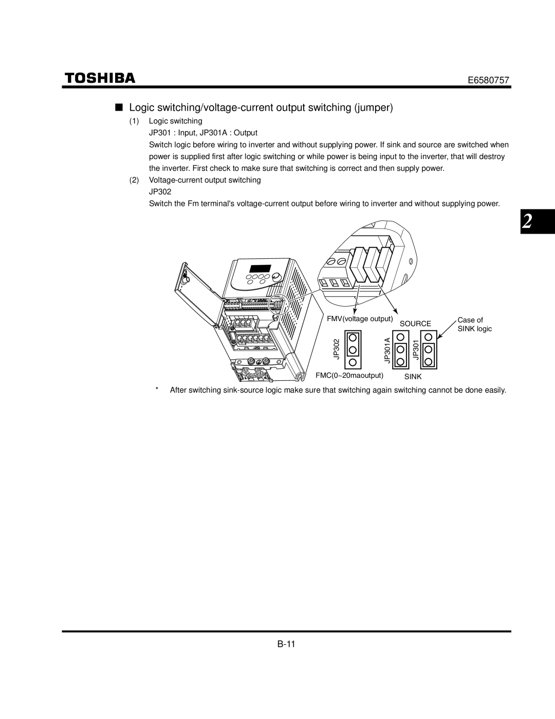 Toshiba VF-S9 manual Logic switching/voltage-current output switching jumper 