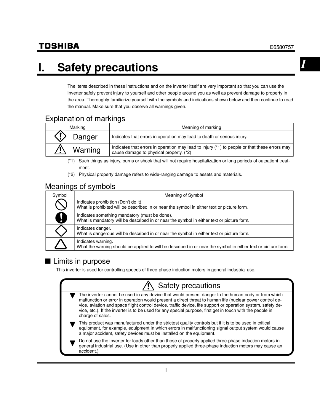 Toshiba VF-S9 manual Safety precautions, Explanation of markings, Meanings of symbols, Limits in purpose 