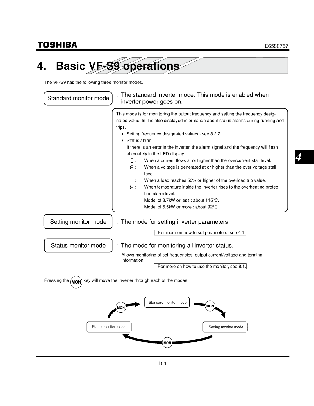 Toshiba manual Basic VF-S9 operations, Setting monitor mode Mode for setting inverter parameters 