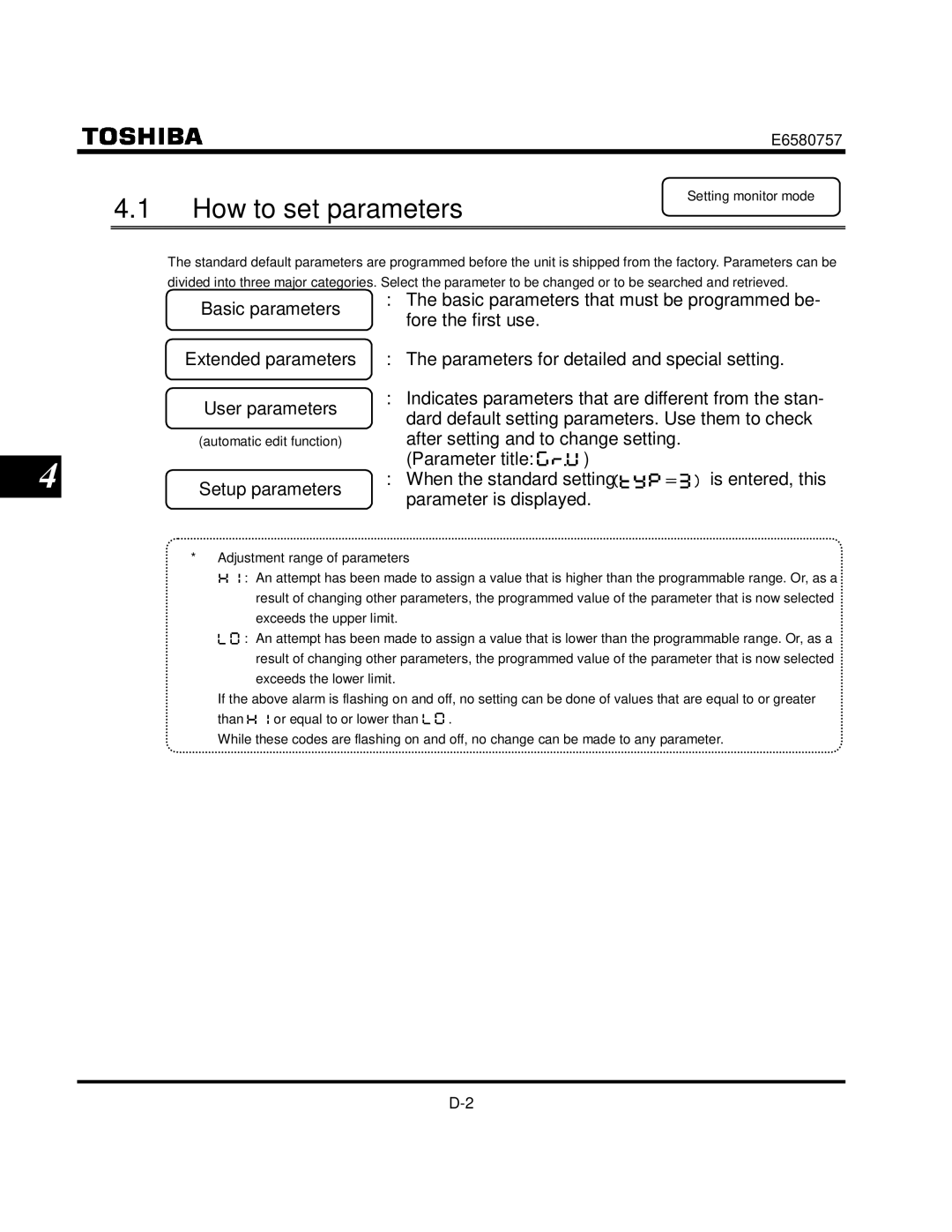 Toshiba VF-S9 manual How to set parameters, Setting monitor mode 