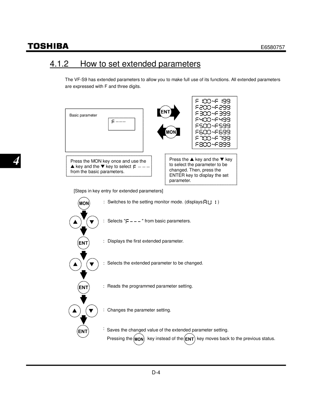 Toshiba VF-S9 manual How to set extended parameters, Key and the key to select 