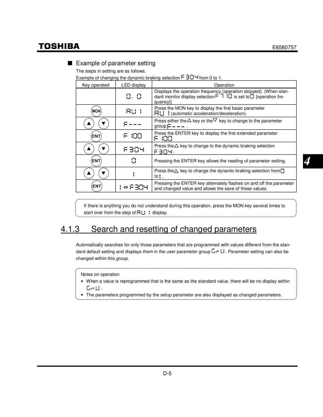 Toshiba VF-S9 manual Search and resetting of changed parameters, Example of parameter setting 