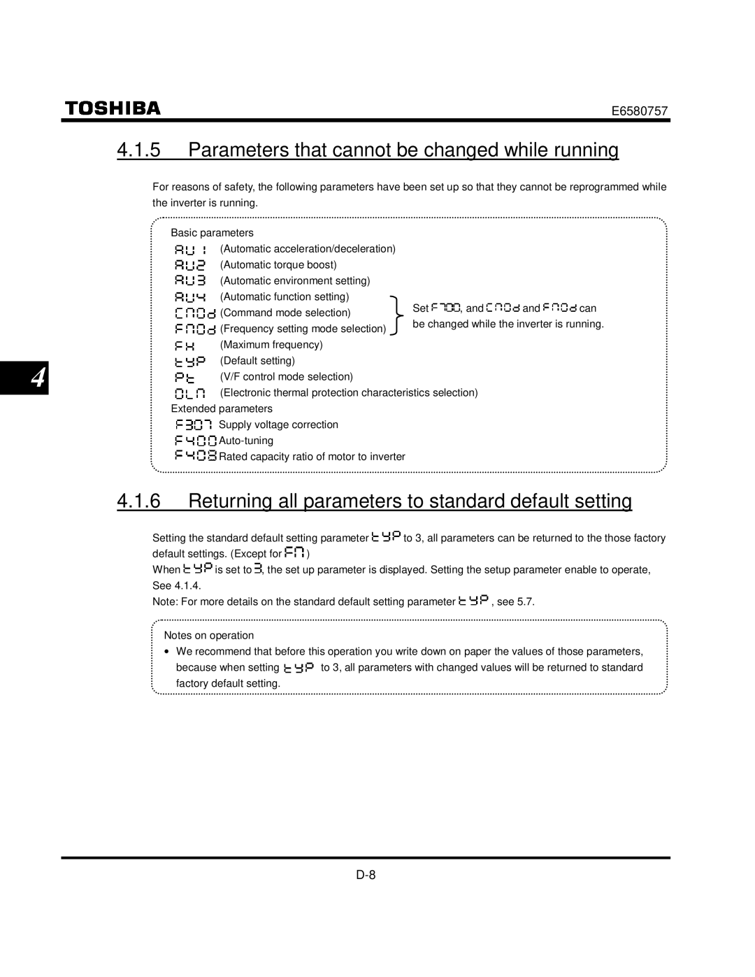 Toshiba VF-S9 manual Parameters that cannot be changed while running, Returning all parameters to standard default setting 